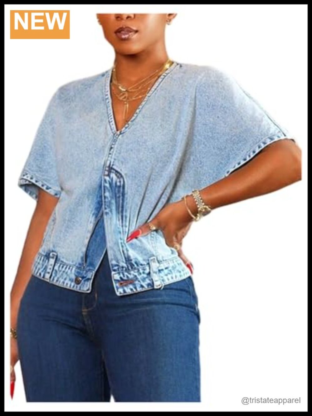 V Neck Short Sleeve Split Zipper Front Denim Jean Shirt Blouse Soft Fabric